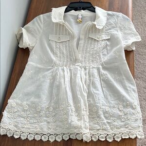 Free People Cream Embroidered Blouse